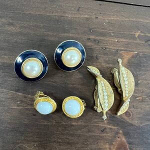 Vintage Gold-Tone Clip On Earring Mix with Faux Pearls and Navy Enamel